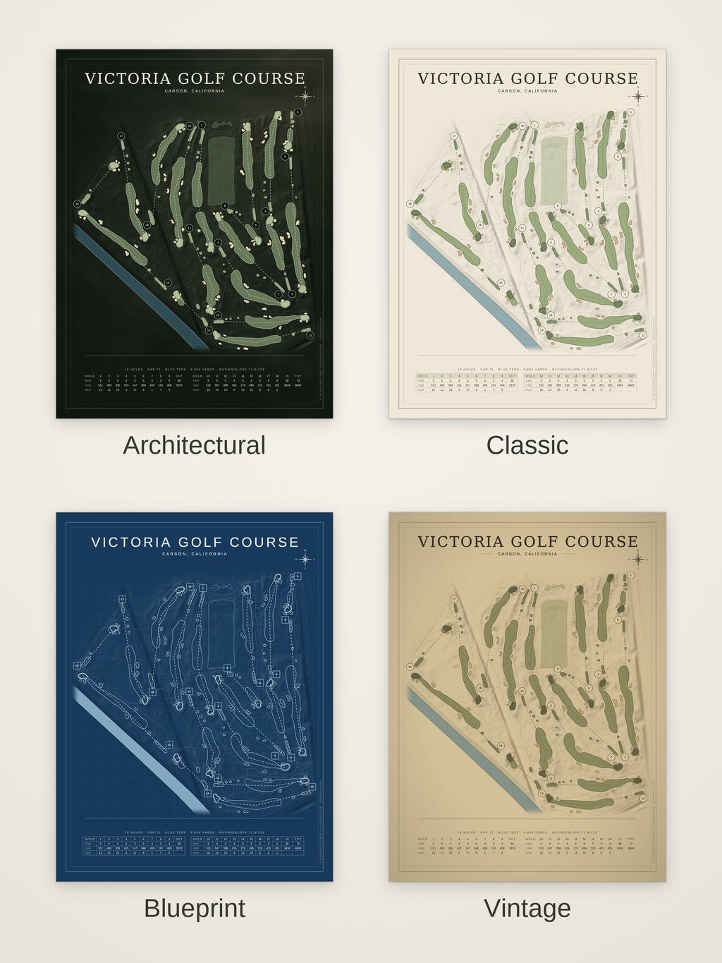 Victoria Golf Course map poster in four styles: Architectural, Classic, Blueprint and Vintage