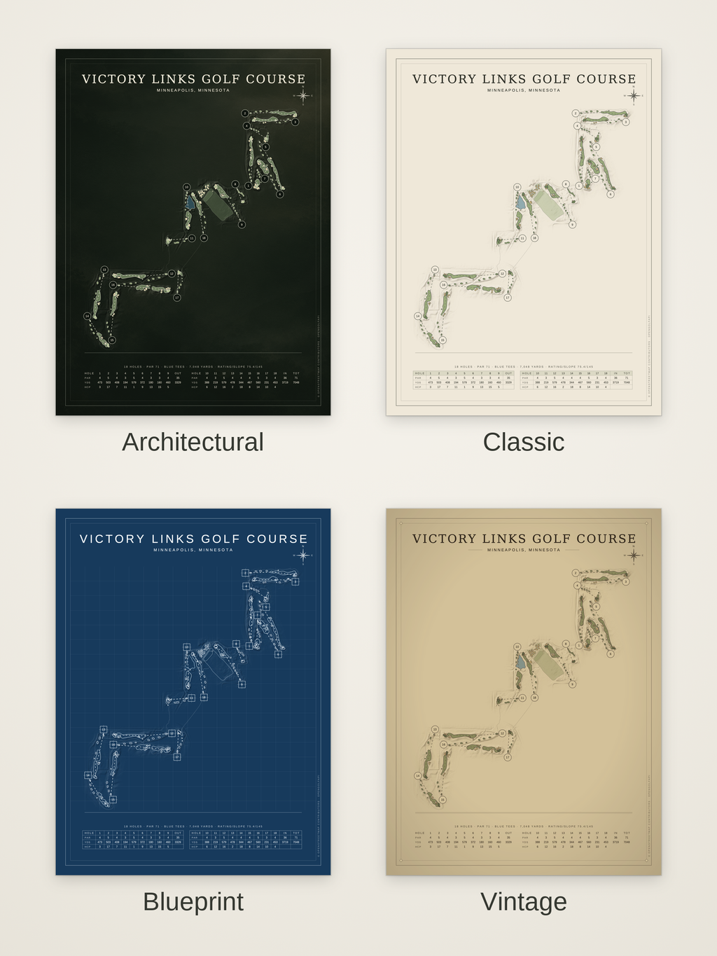 Victory Links Golf Course map poster in four styles: Architectural, Classic, Blueprint and Vintage