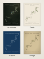 Victory Links Golf Course map poster in four styles: Architectural, Classic, Blueprint and Vintage