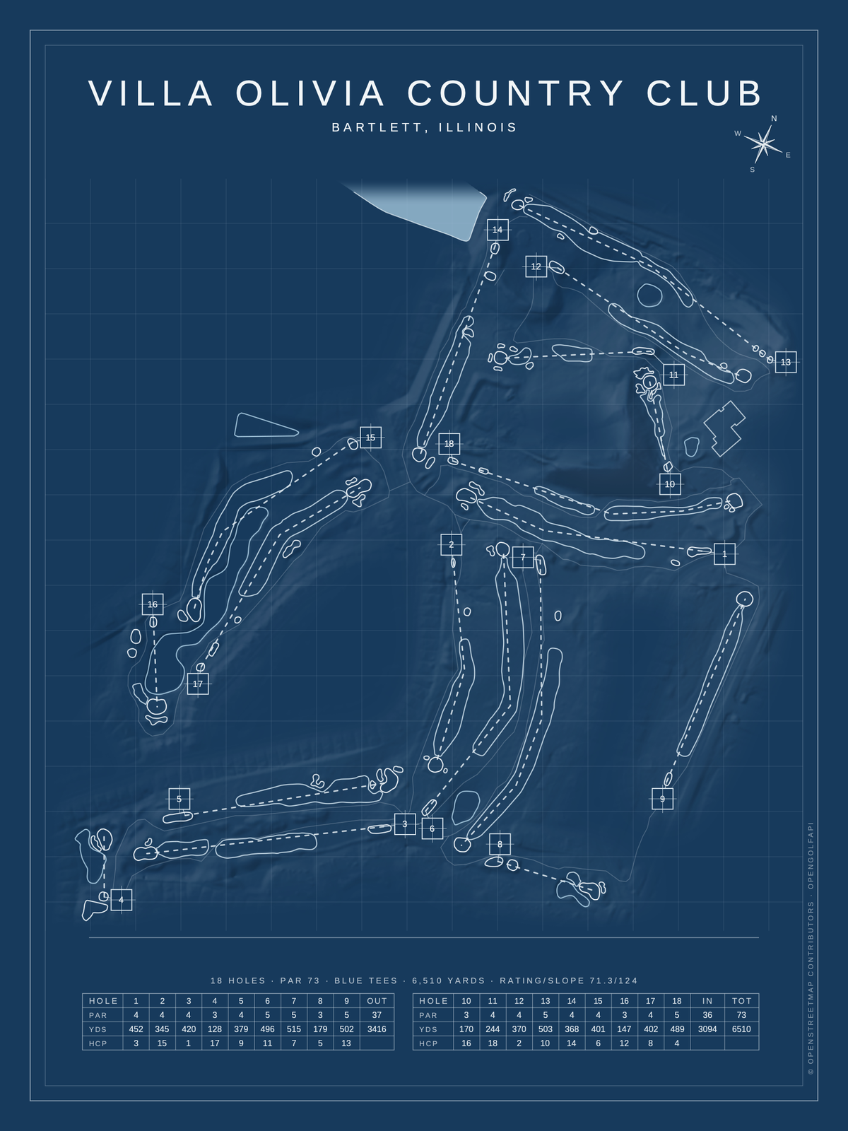 Villa Olivia Country Club course map poster, Blueprint style, 12×16 / 18×24