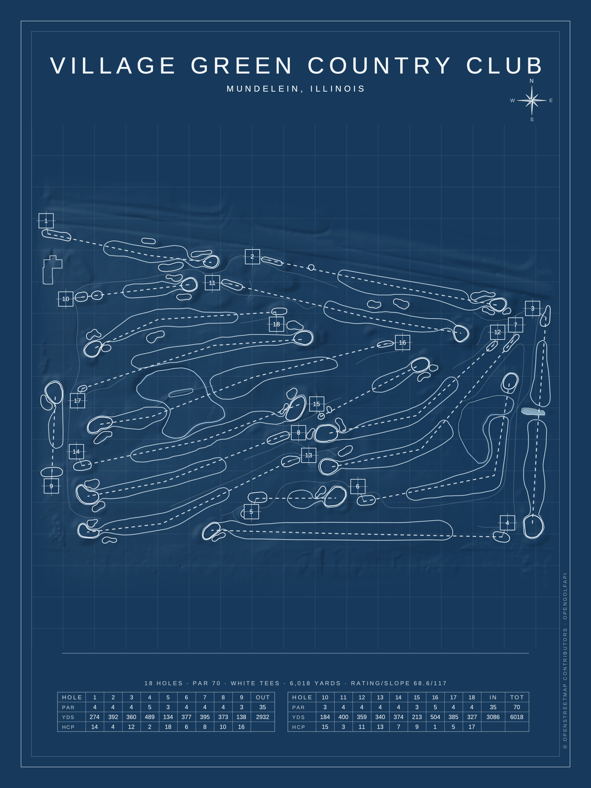 Village Green Country Club course map poster, Blueprint style, 12×16 / 18×24