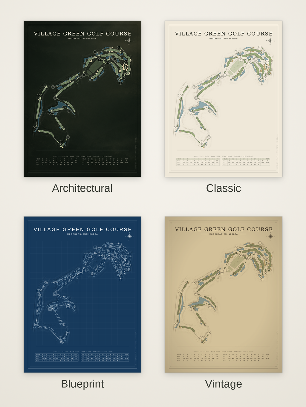 Village Green Golf Course map poster in four styles: Architectural, Classic, Blueprint and Vintage