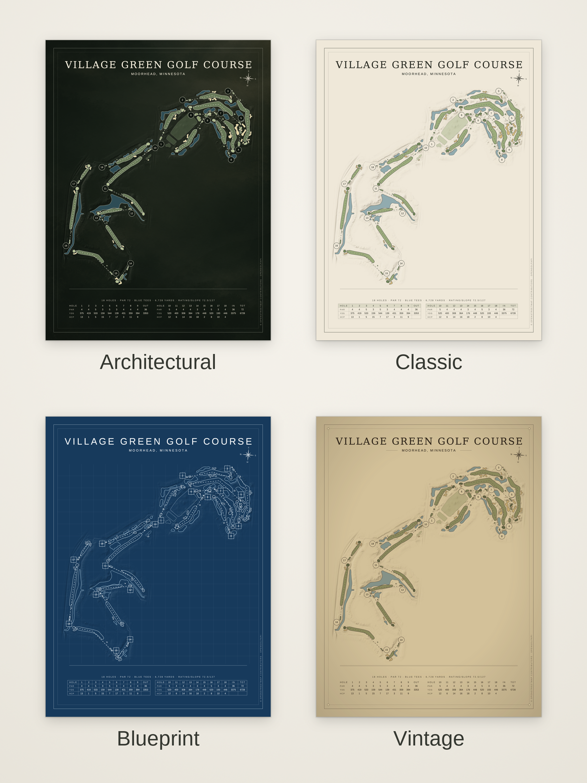 Village Green Golf Course map poster in four styles: Architectural, Classic, Blueprint and Vintage
