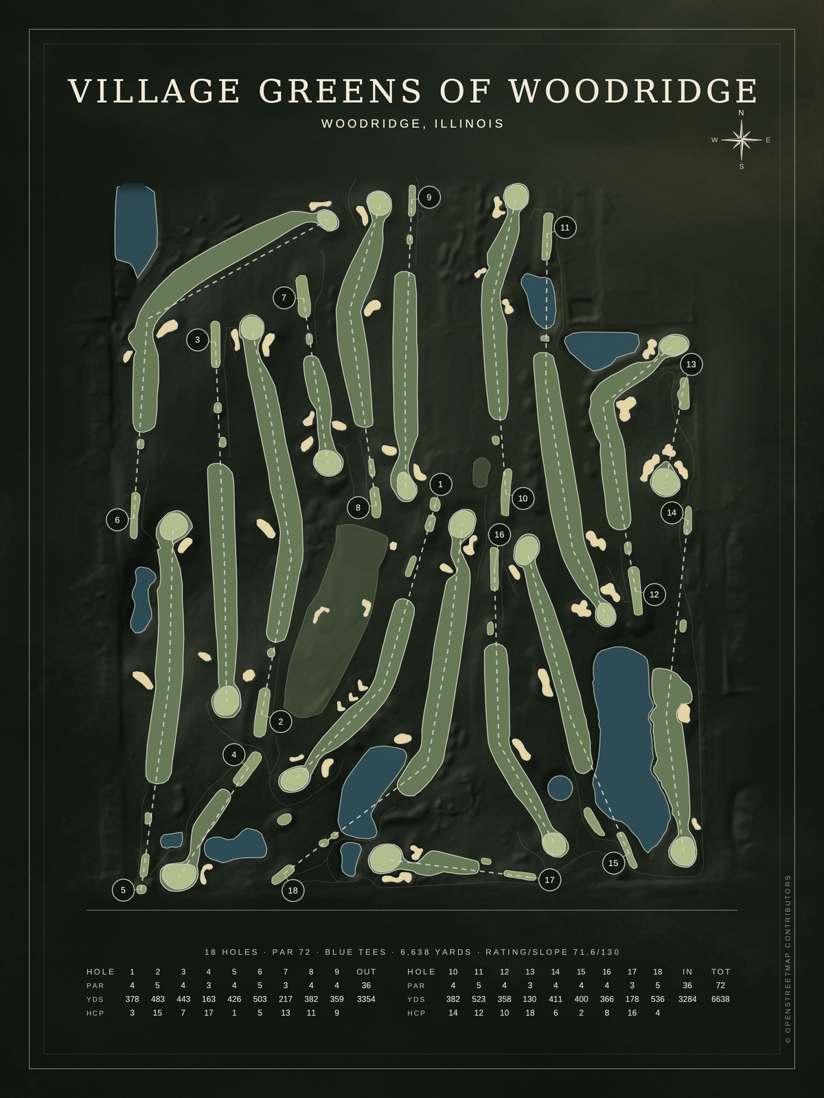 Village Greens of Woodridge course map poster, Architectural style, 12×16 / 18×24