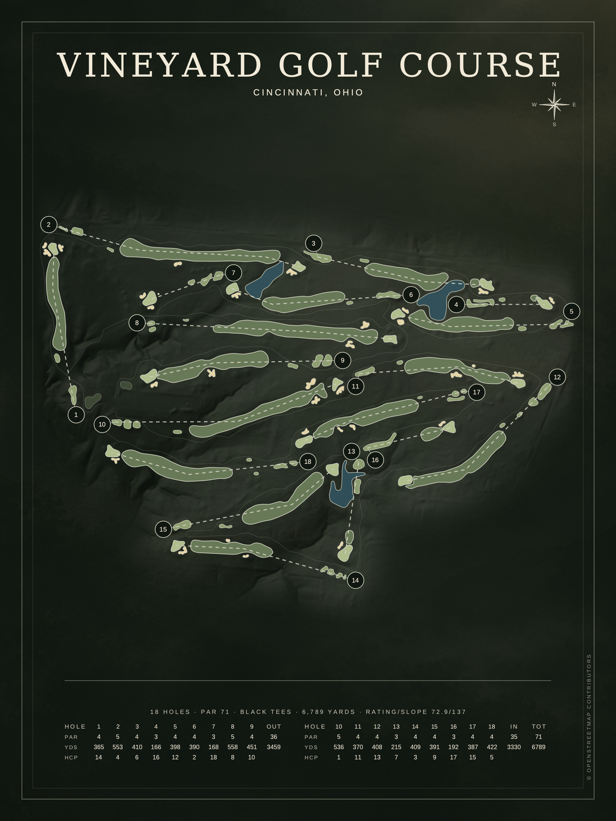 Vineyard Golf Course map poster, Architectural style, 12×16 / 18×24