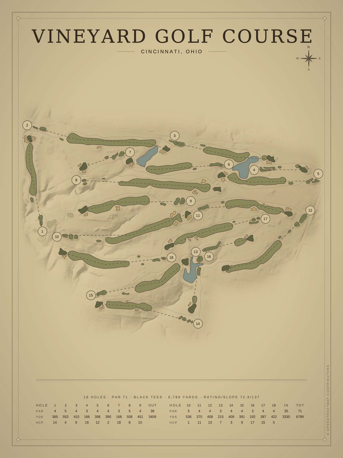 Vineyard Golf Course map poster, Vintage style, 12×16 / 18×24