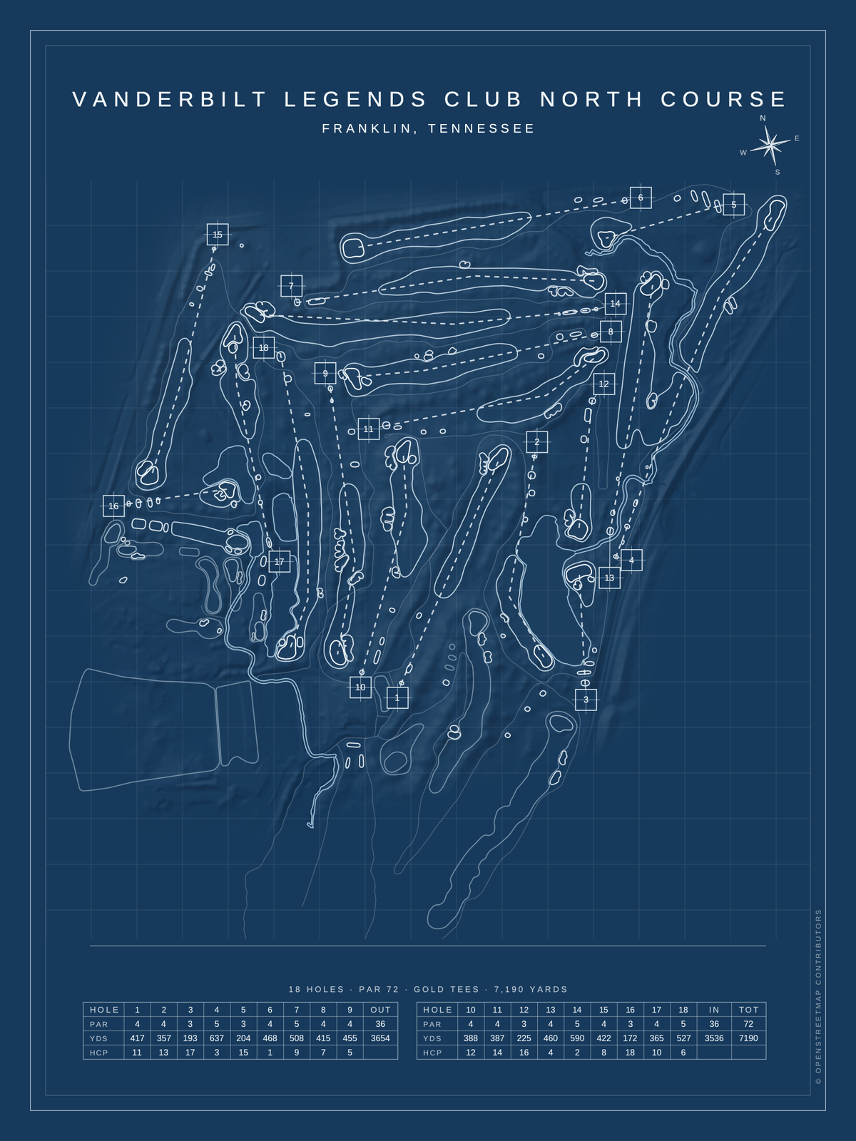 Vanderbilt Legends Club North Course map poster, Blueprint style, 12×16 / 18×24