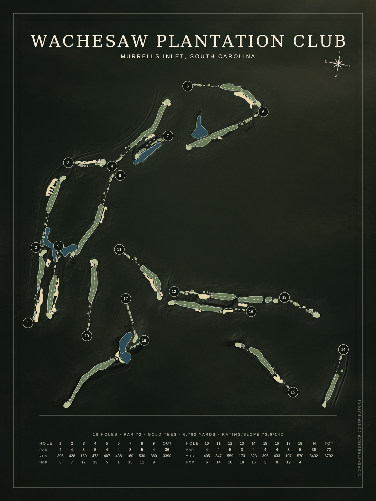 Wachesaw Plantation Club course map poster, Architectural style, 12×16 / 18×24