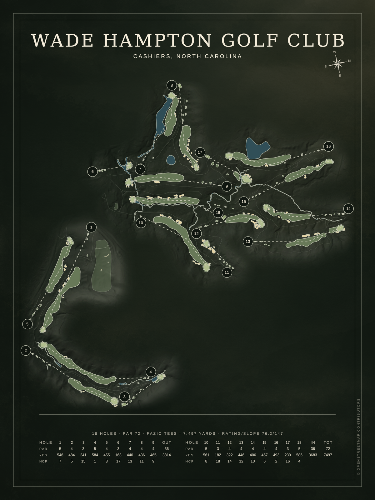 Wade Hampton Golf Club course map poster, Architectural style, 12×16 / 18×24
