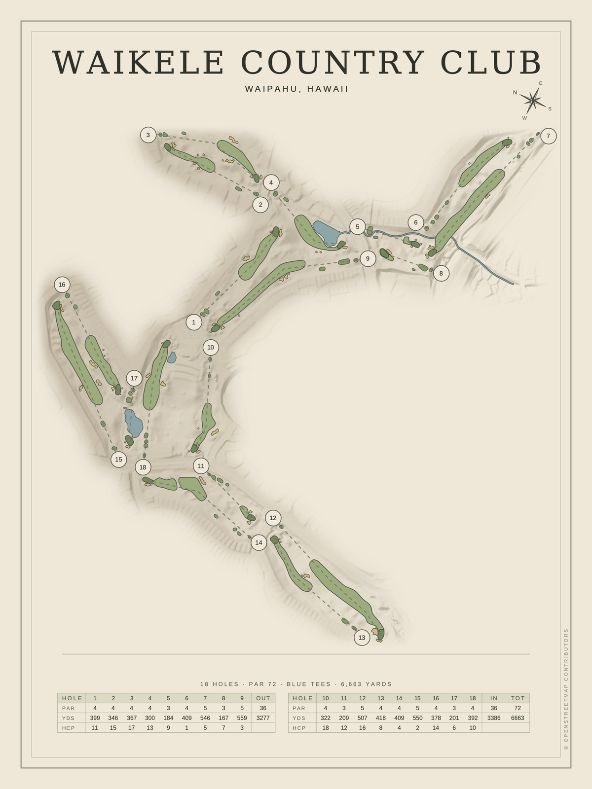 Waikele Country Club course map poster, Classic style, 12×16 / 18×24
