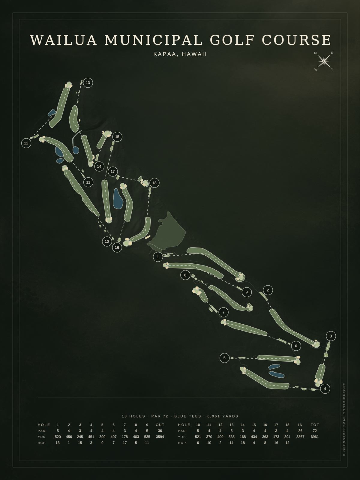 Wailua Municipal Golf Course map poster, Architectural style, 12×16 / 18×24