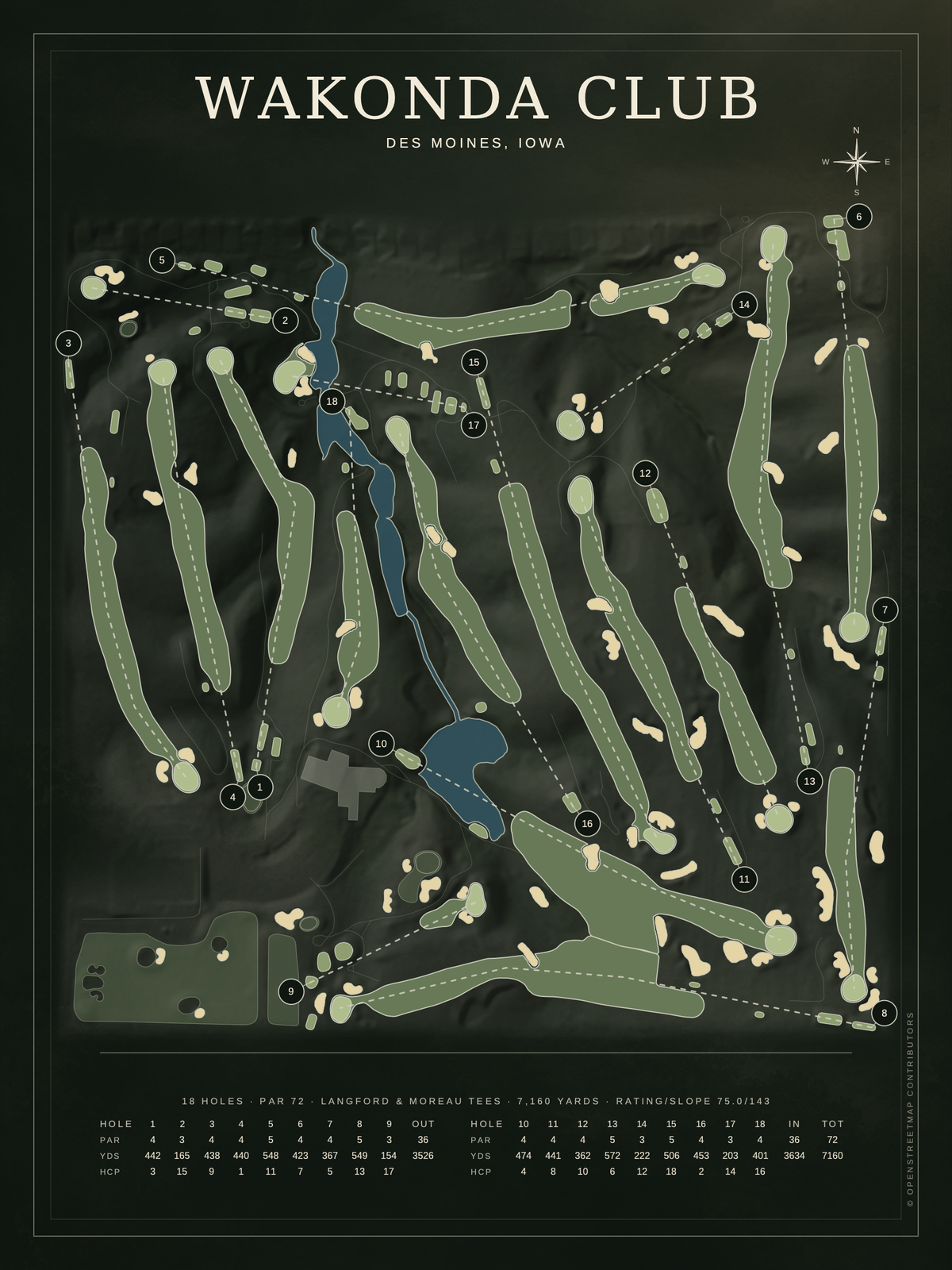 Wakonda Club course map poster, Architectural style, 12×16 / 18×24