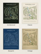 Wakonda Club course map poster in four styles: Architectural, Classic, Blueprint and Vintage