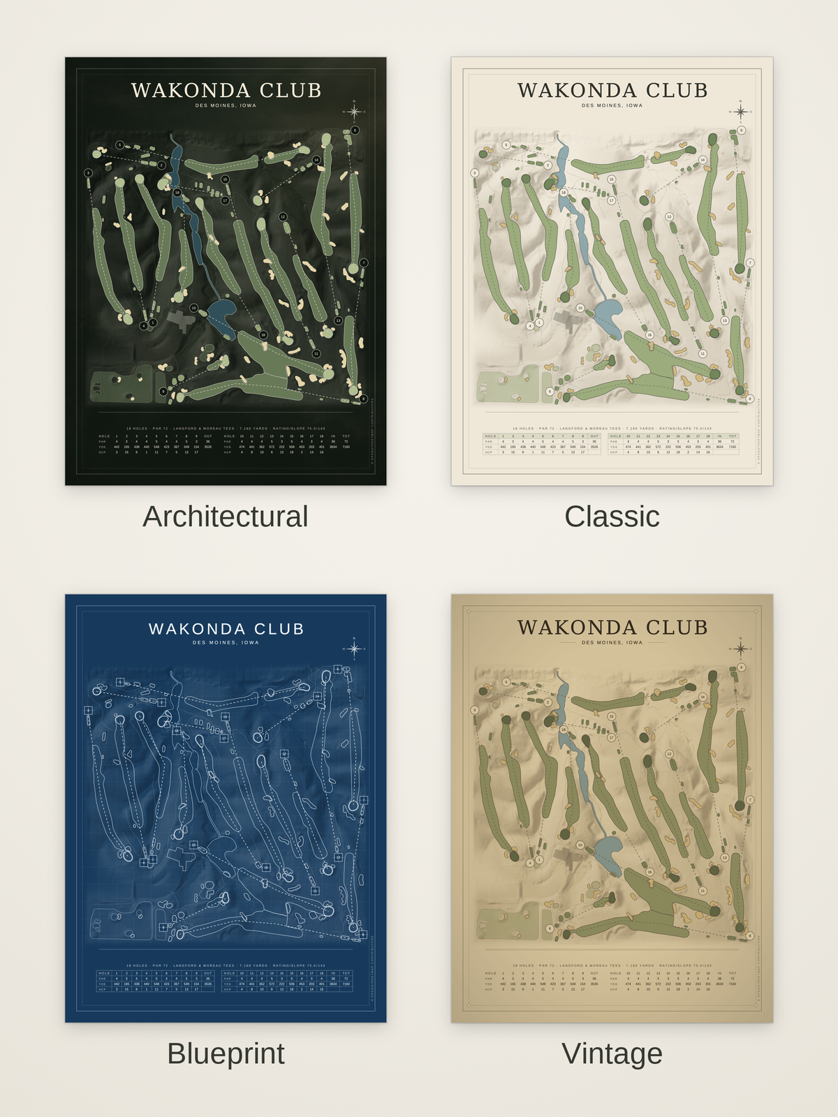 Wakonda Club course map poster in four styles: Architectural, Classic, Blueprint and Vintage