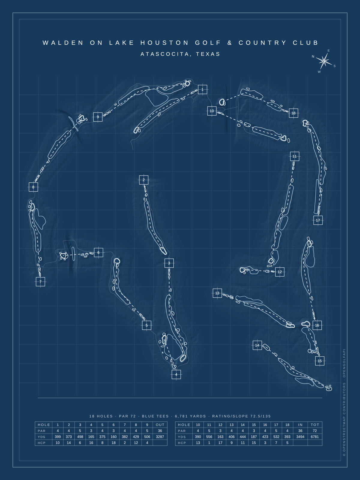 Walden on Lake Houston Golf & Country Club course map poster, Blueprint style, 12×16 / 18×24