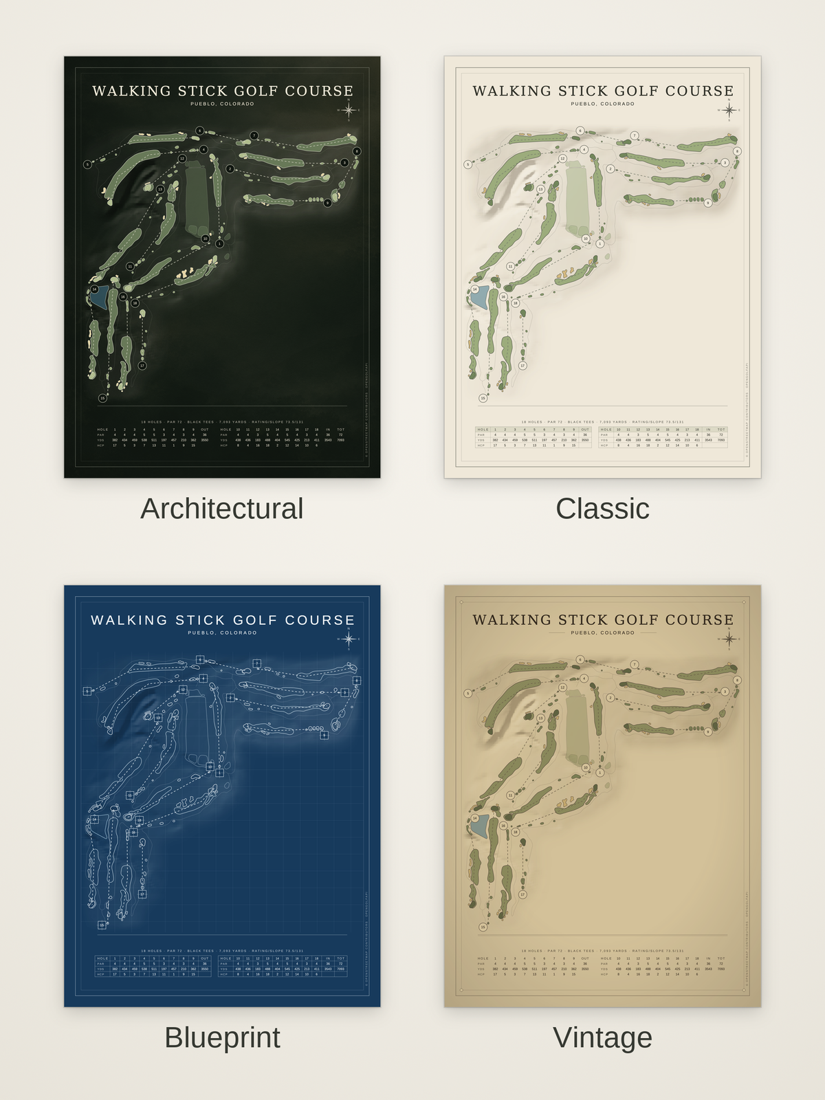 Walking Stick Golf Course map poster in four styles: Architectural, Classic, Blueprint and Vintage
