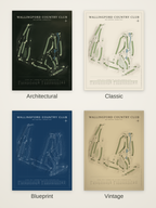 Wallingford Country Club course map poster in four styles: Architectural, Classic, Blueprint and Vintage