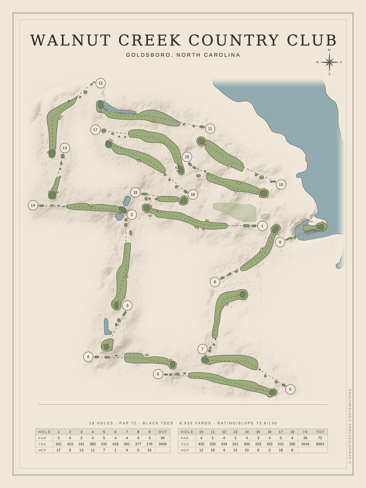 Walnut Creek Country Club course map poster, Classic style, 12×16 / 18×24