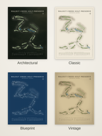 Walnut Creek Golf Preserve course map poster in four styles: Architectural, Classic, Blueprint and Vintage