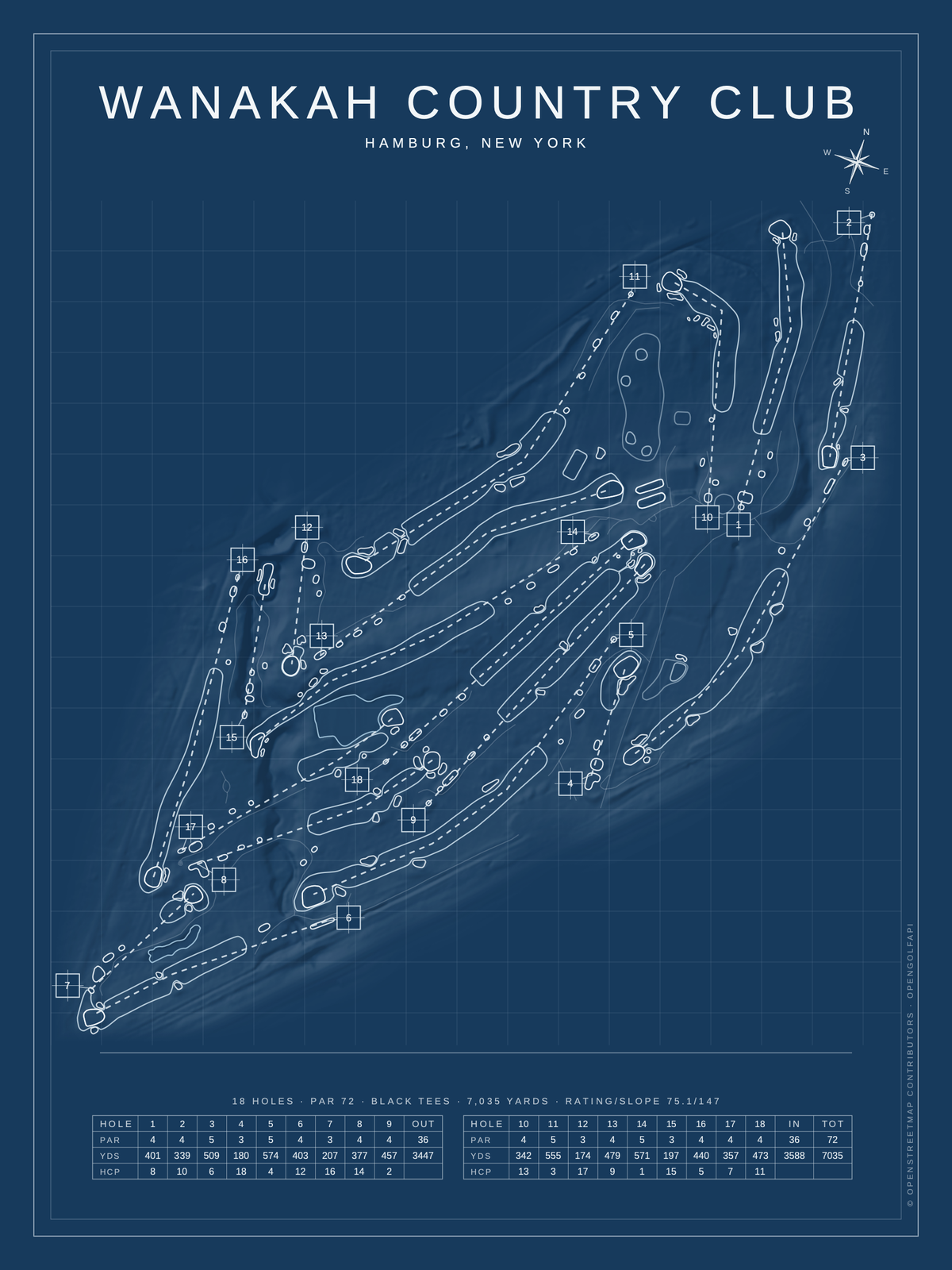Wanakah Country Club course map poster, Blueprint style, 12×16 / 18×24