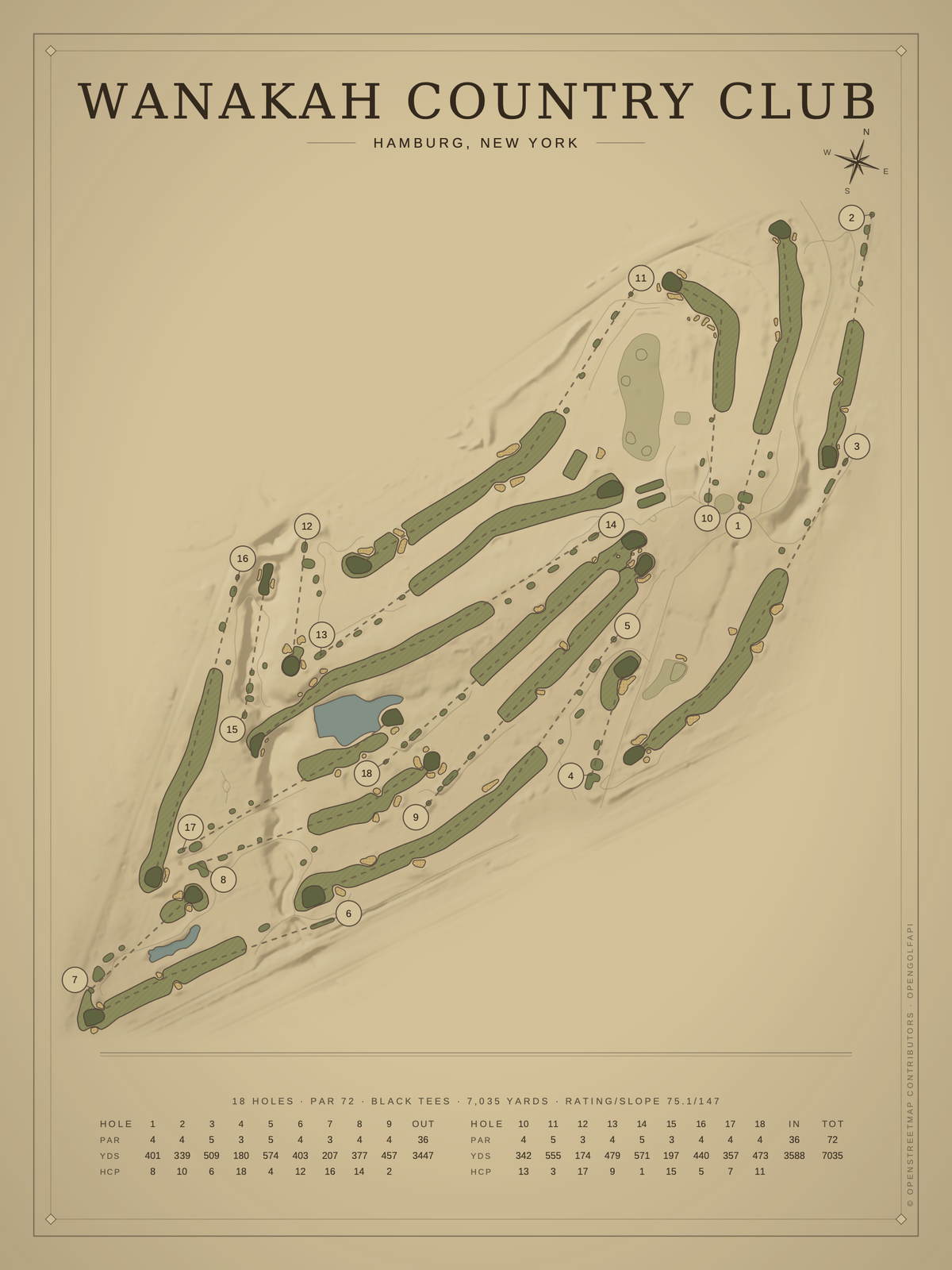 Wanakah Country Club course map poster, Vintage style, 12×16 / 18×24