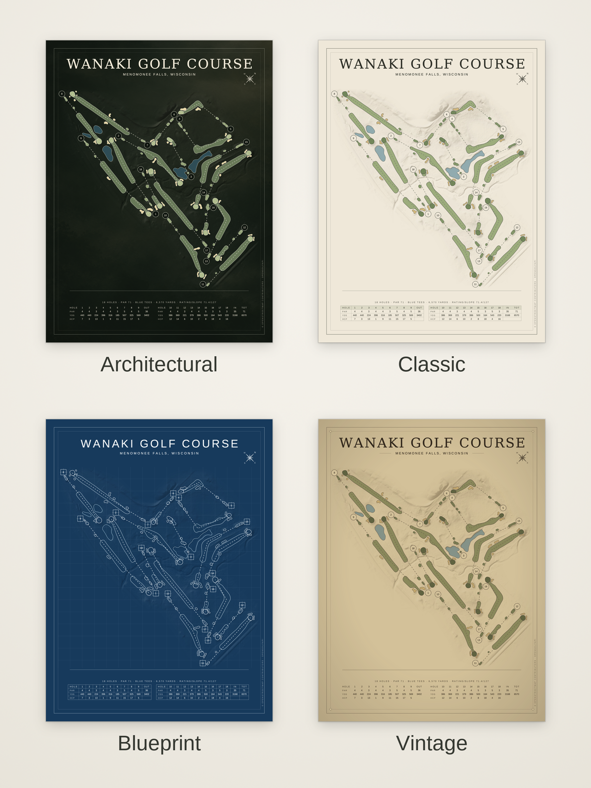 Wanaki Golf Course map poster in four styles: Architectural, Classic, Blueprint and Vintage