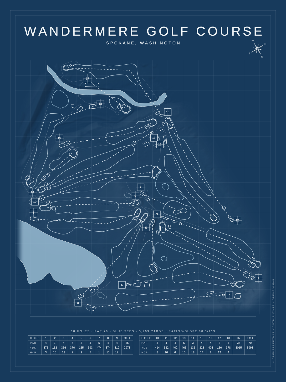 Wandermere Golf Course map poster, Blueprint style, 12×16 / 18×24