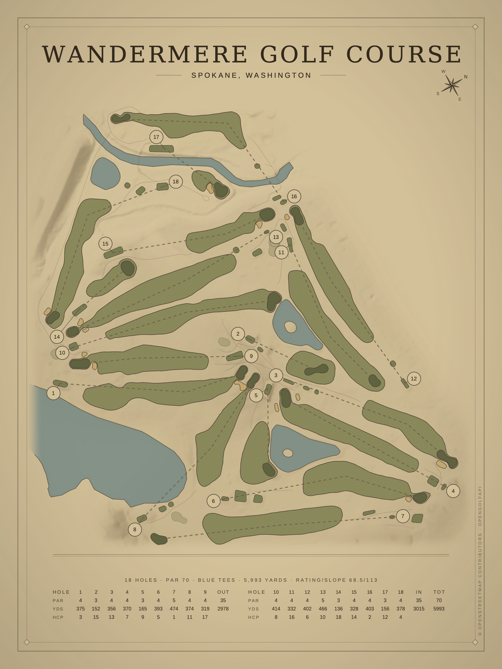 Wandermere Golf Course map poster, Vintage style, 12×16 / 18×24