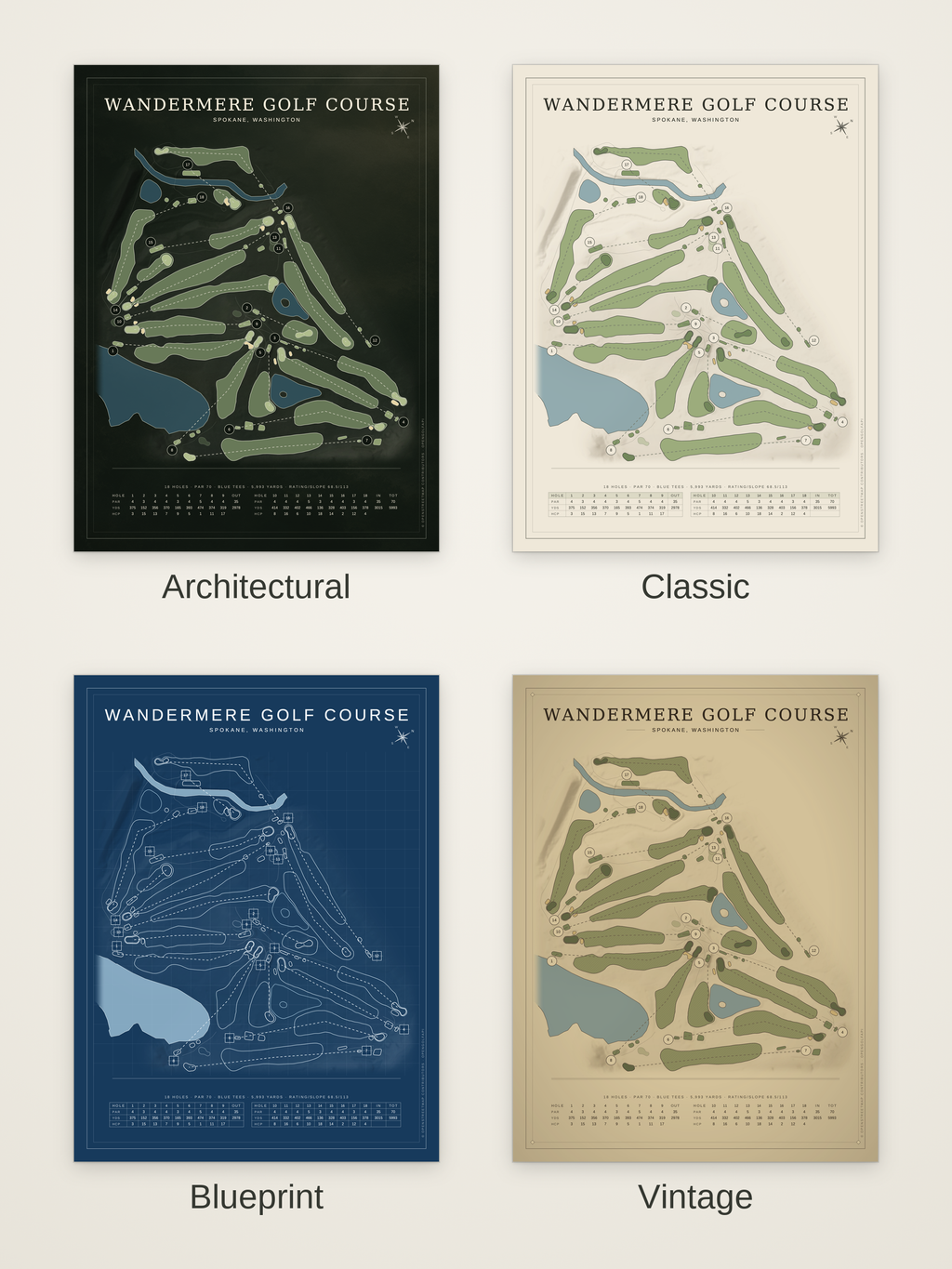 Wandermere Golf Course map poster in four styles: Architectural, Classic, Blueprint and Vintage