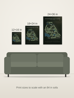 Wandermere Golf Course map poster in the Architectural style at 12×16, 18×24 and 24×36 inches, shown to scale on a wall above an 84-inch sofa