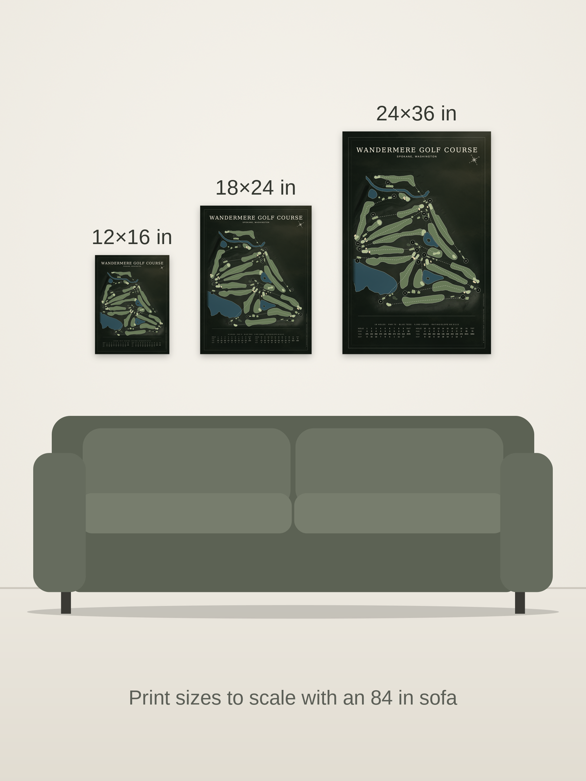 Wandermere Golf Course map poster in the Architectural style at 12×16, 18×24 and 24×36 inches, shown to scale on a wall above an 84-inch sofa