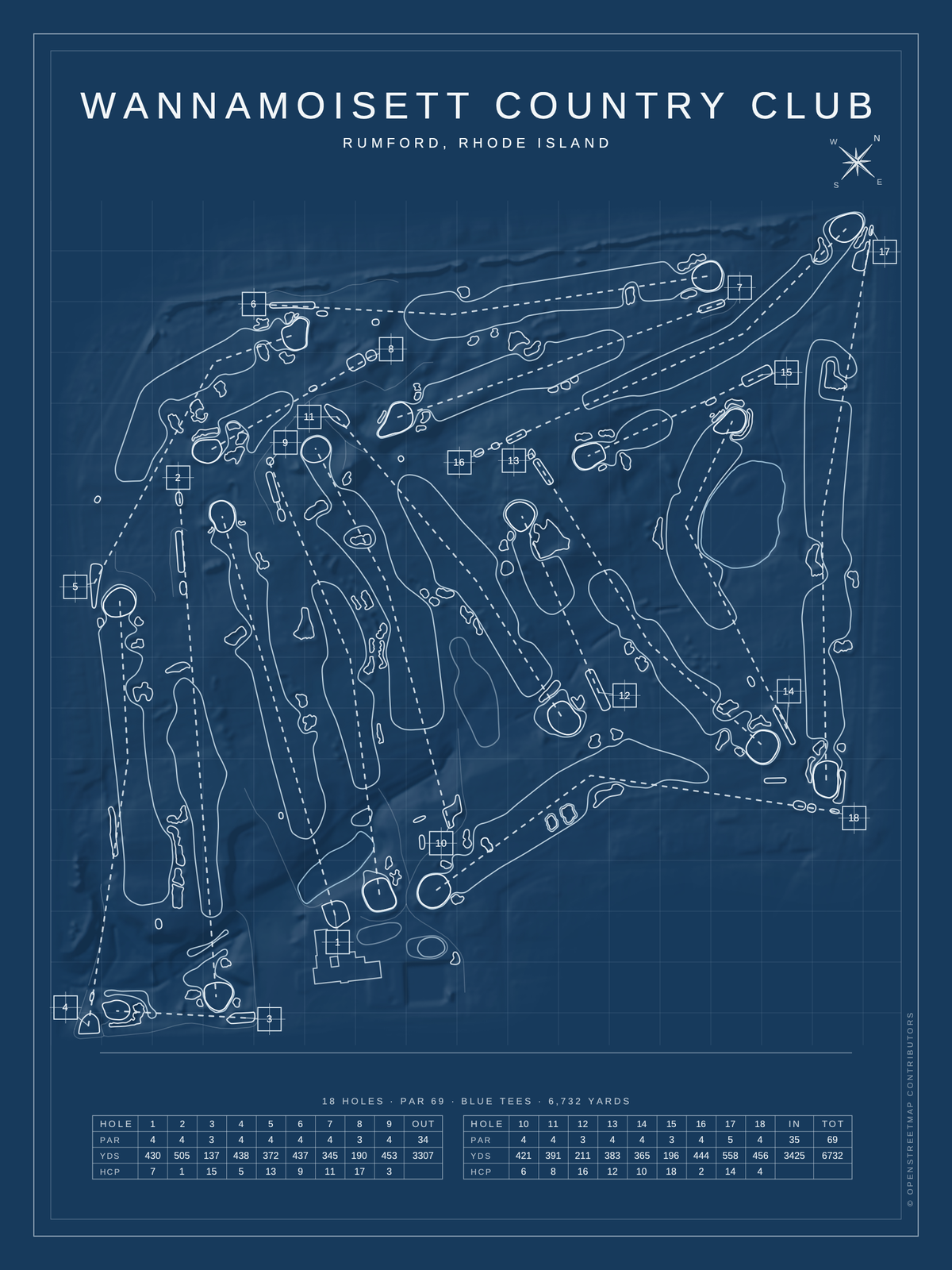 Wannamoisett Country Club course map poster, Blueprint style, 12×16 / 18×24