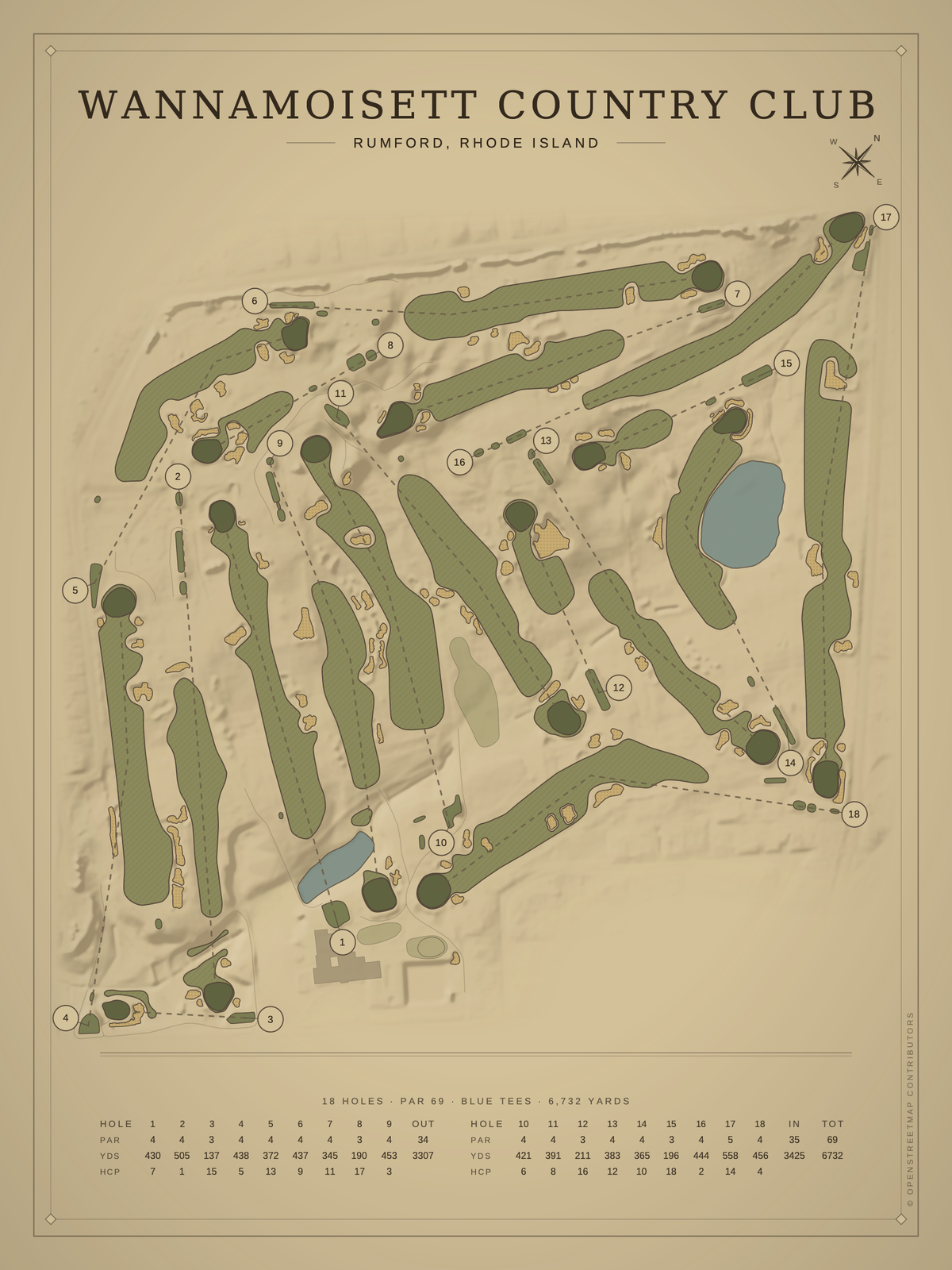Wannamoisett Country Club course map poster, Vintage style, 12×16 / 18×24