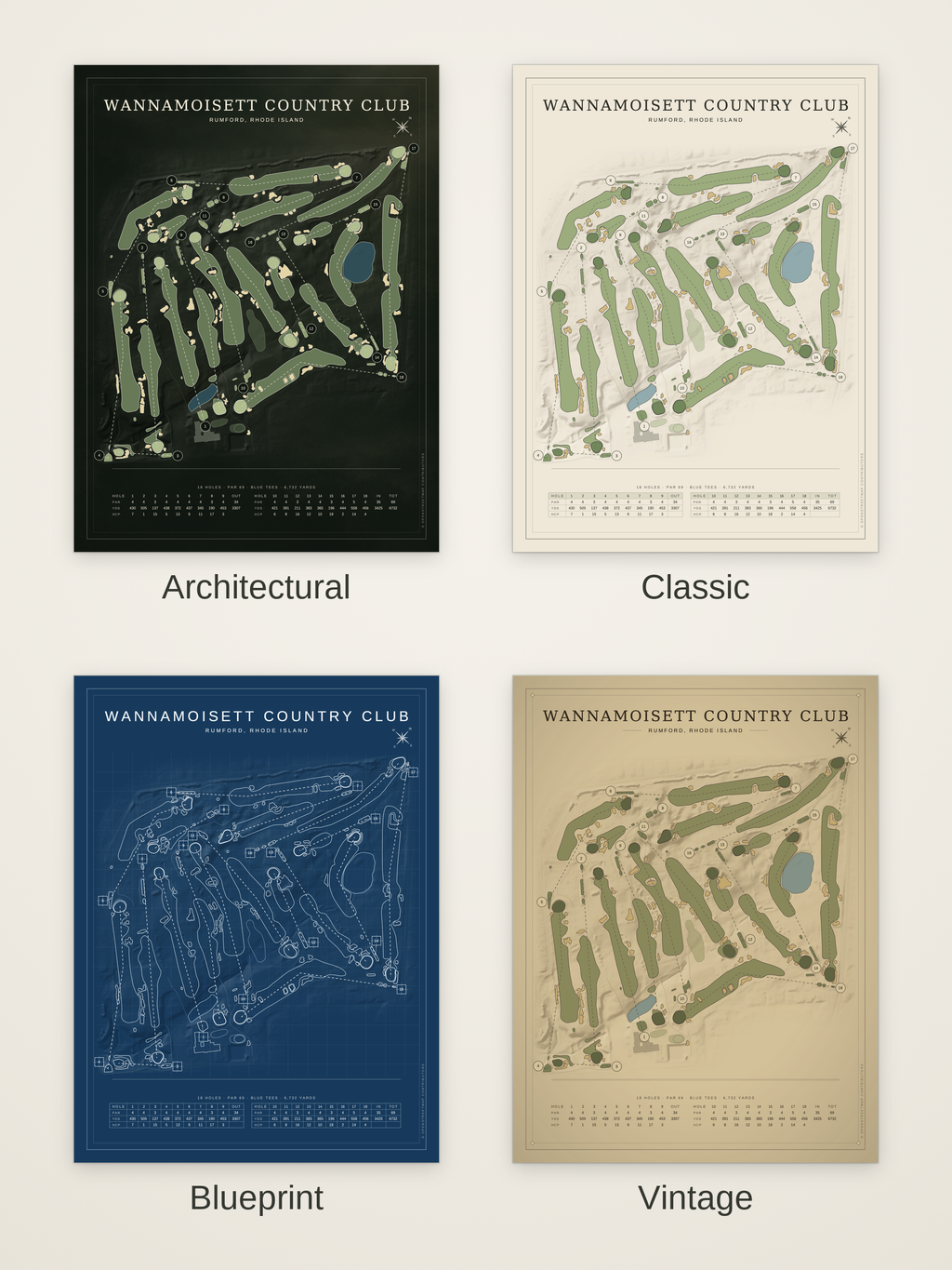 Wannamoisett Country Club course map poster in four styles: Architectural, Classic, Blueprint and Vintage