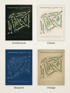 Wannamoisett Country Club course map poster in four styles: Architectural, Classic, Blueprint and Vintage