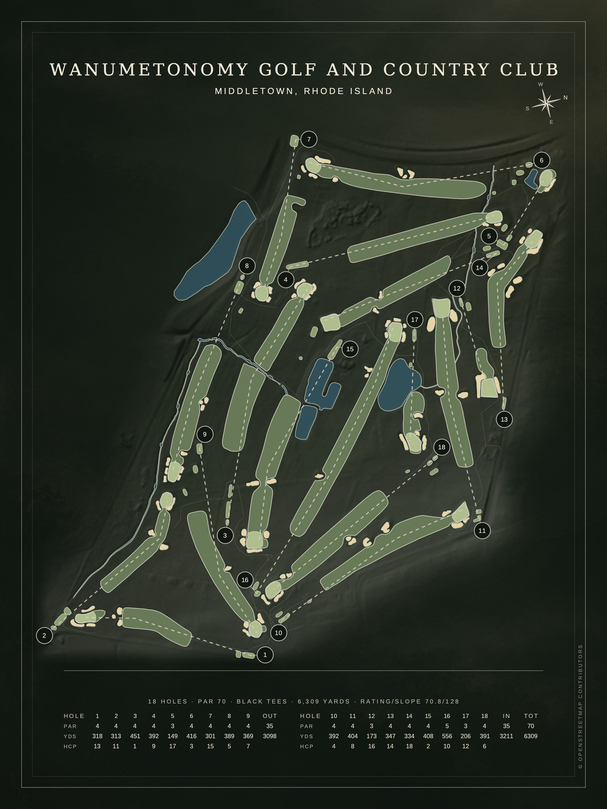 Wanumetonomy Golf and Country Club course map poster, Architectural style, 12×16 / 18×24