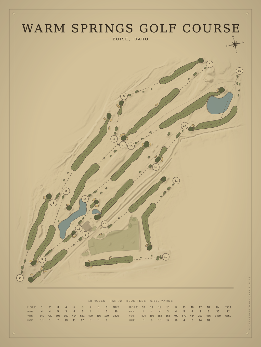 Warm Springs Golf Course map poster, Vintage style, 12×16 / 18×24