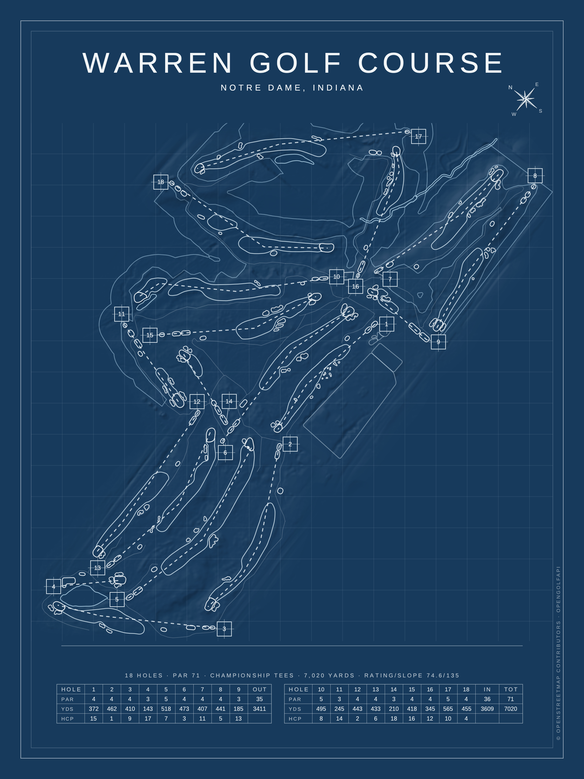 Warren Golf Course map poster, Blueprint style, 12×16 / 18×24