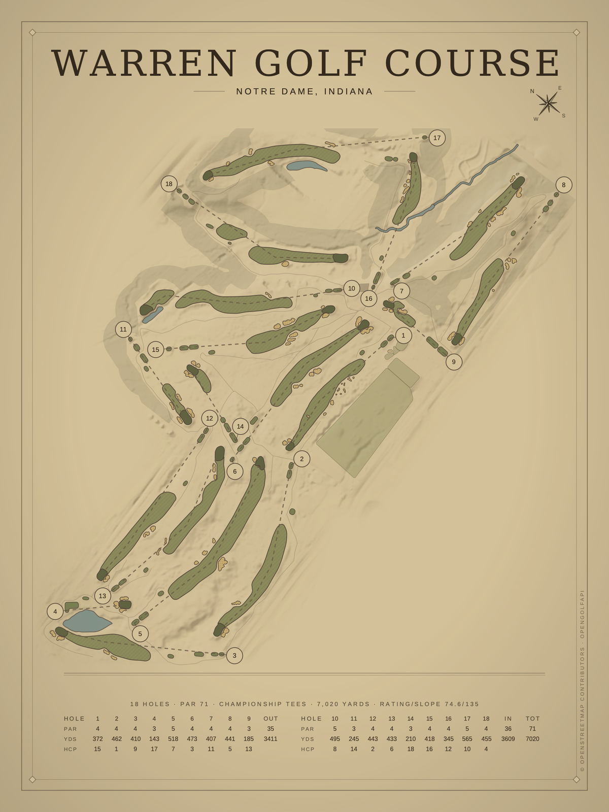 Warren Golf Course map poster, Vintage style, 12×16 / 18×24