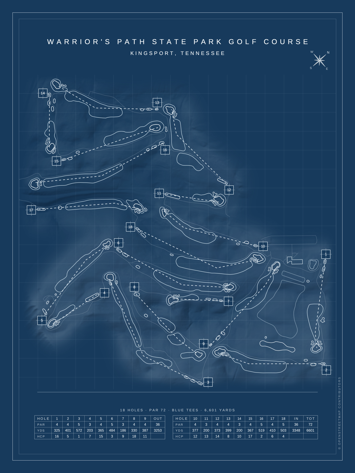 Warrior's Path State Park Golf Course map poster, Blueprint style, 12×16 / 18×24