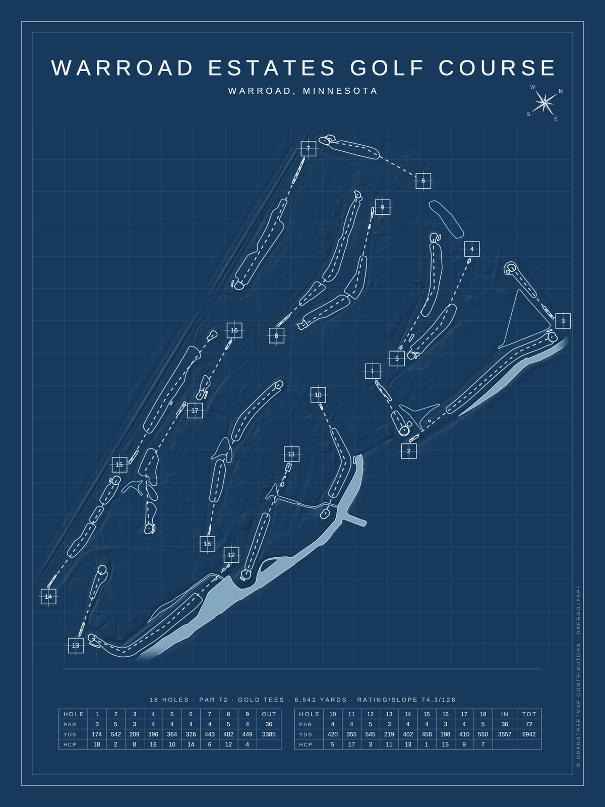 Warroad Estates Golf Course map poster, Blueprint style, 12×16 / 18×24