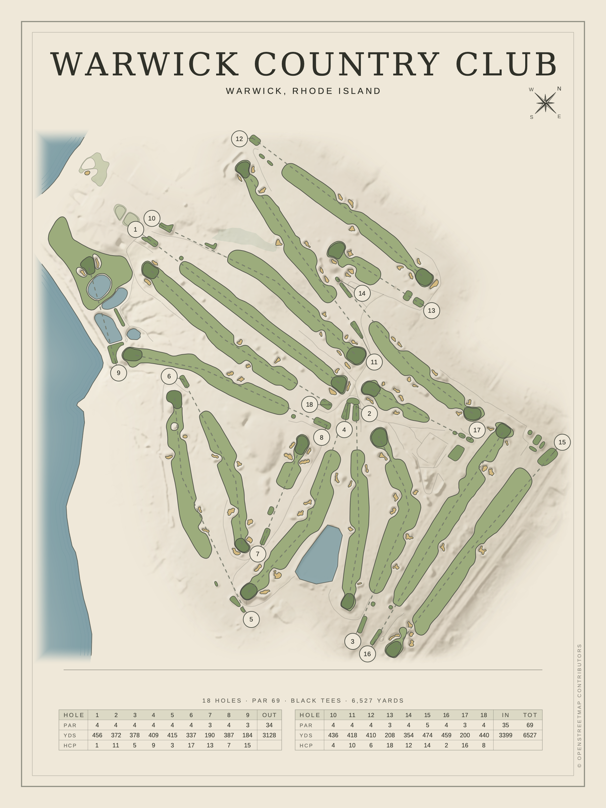 Warwick Country Club course map poster, Classic style, 12×16 / 18×24
