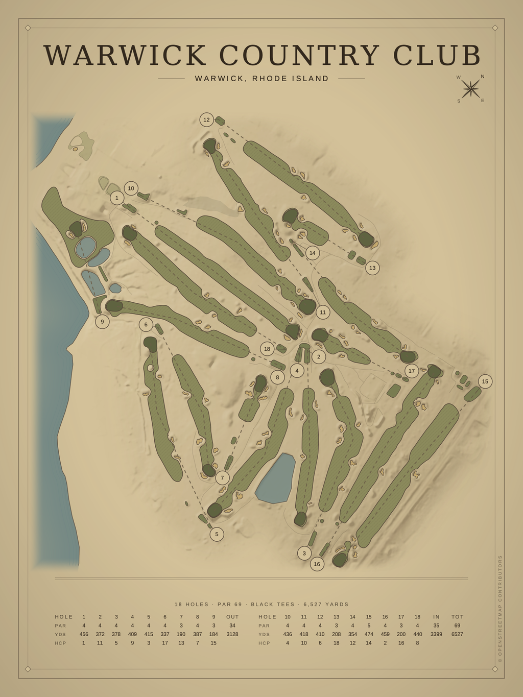 Warwick Country Club course map poster, Vintage style, 12×16 / 18×24