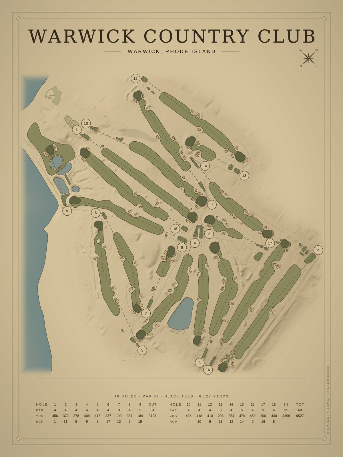 Warwick Country Club course map poster, Vintage style, 12×16 / 18×24