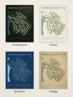 Warwick Country Club course map poster in four styles: Architectural, Classic, Blueprint and Vintage