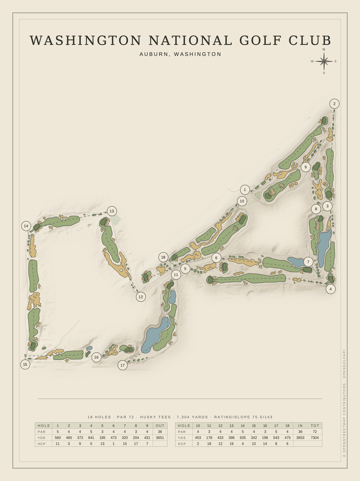 Washington National Golf Club course map poster, Classic style, 12×16 / 18×24