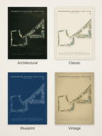 Washington National Golf Club course map poster in four styles: Architectural, Classic, Blueprint and Vintage