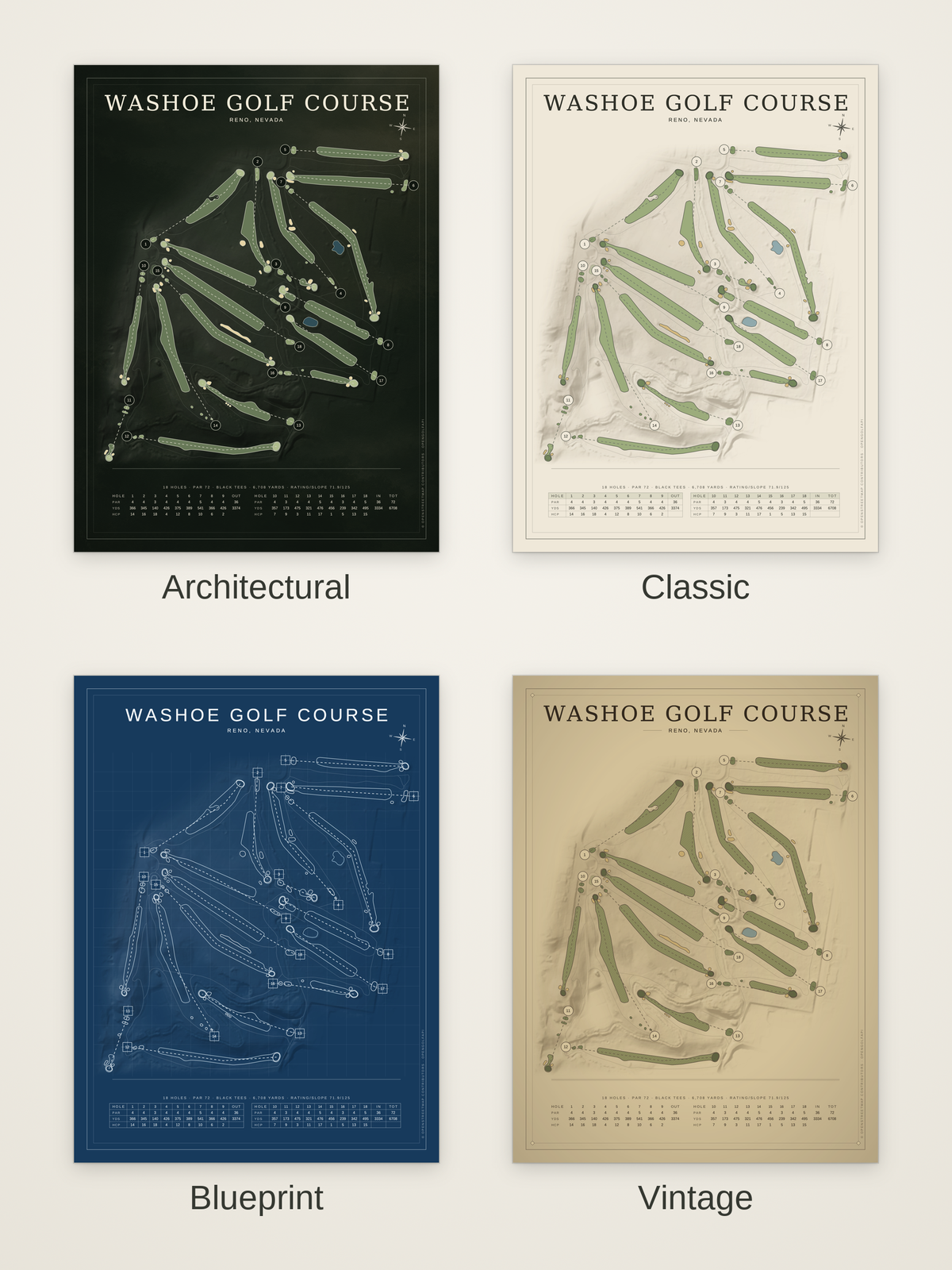 Washoe Golf Course map poster in four styles: Architectural, Classic, Blueprint and Vintage