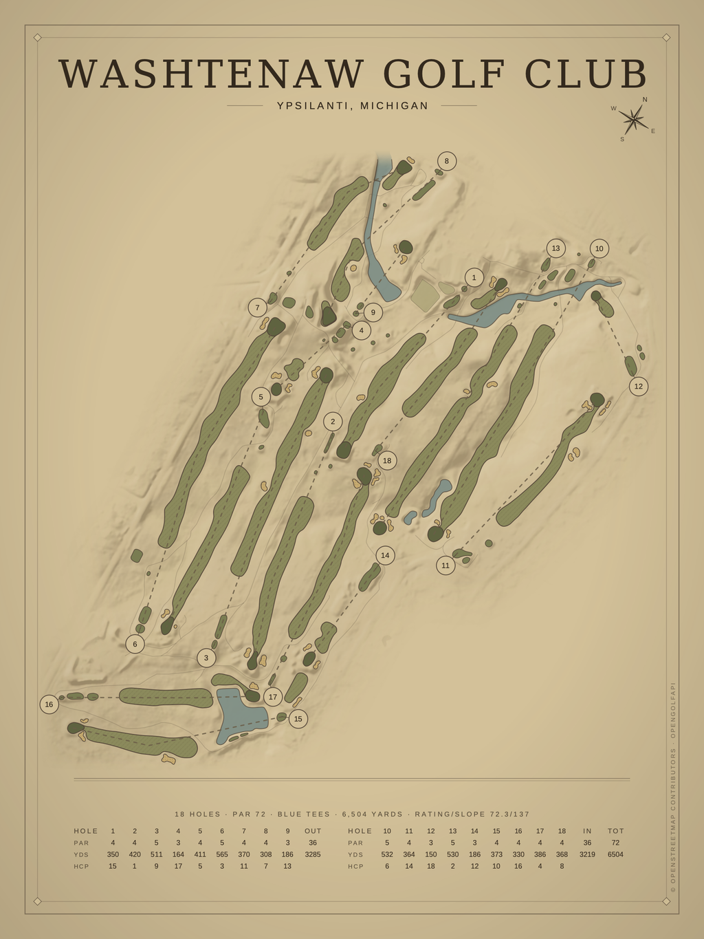 Washtenaw Golf Club course map poster, Vintage style, 12×16 / 18×24