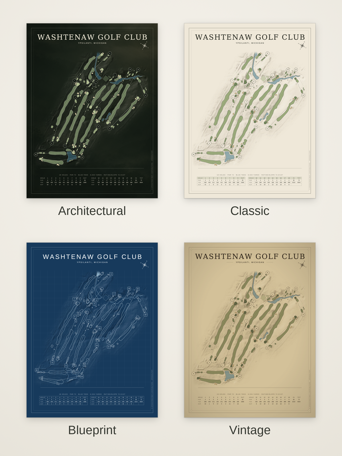 Washtenaw Golf Club course map poster in four styles: Architectural, Classic, Blueprint and Vintage